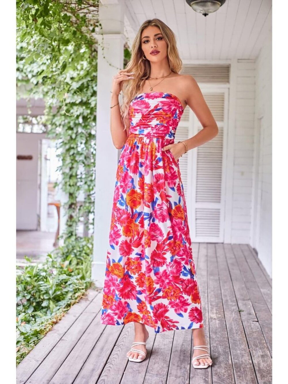 🆕Women's Pink Orange Strapless Neck Sleeveless A-Line Summer Comfort Maxi Dress - Picture 5 of 6